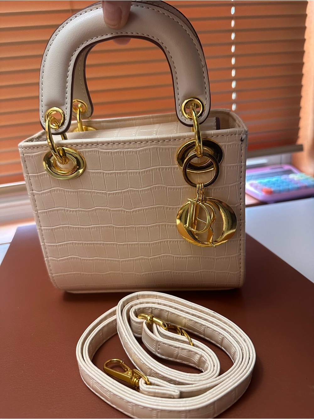 Cream Croc-Embossed Mini Top-Handle Bag with Gold Hardware